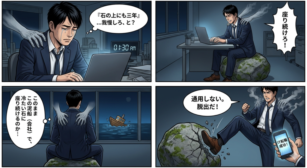 石の上にも三年という言葉に苦しむ男性会社員のイラスト