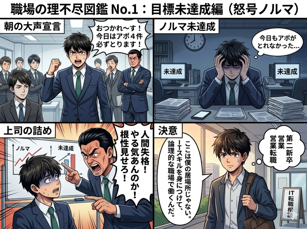 目標未達で上司に怒られその理不尽さに別の道を目指す４コマ漫画